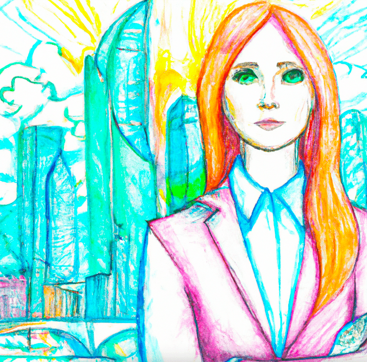 a pencil and watercolor drawing of a bright city in the future with business profesional