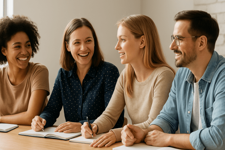 Vier Menschen sitzen gemeinsam an einem Tisch, lachen und lernen Englisch in einer kleinen Gruppe bei Speak Quick Leipzig.