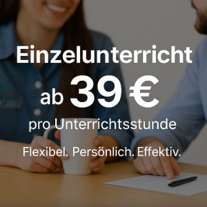 Zwei Personen unterhalten sich bei einer Tasse Kaffee – Text: „Einzelunterricht ab 39 € pro Unterrichtsstunde. Flexibel. Persönlich. Effektiv.“