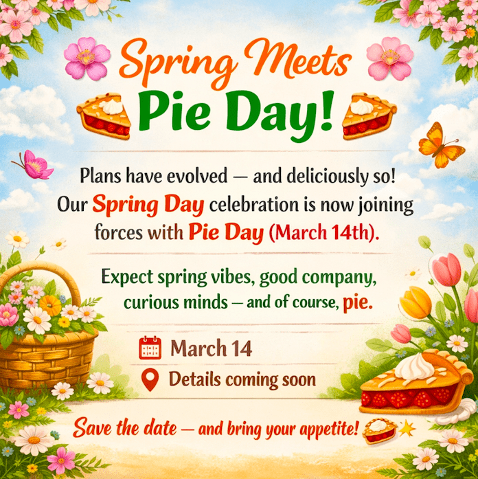 Illustration zur gemeinsamen Spring- und Pie-Day-Feier am 14. März mit Blumen, Frühlingsmotiven und Kuchen